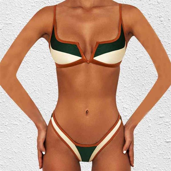 Vintage Retro Bikini Patchwork Badeanzug Tanga Brasilianische Sexy Bademode Weibliche Sommer Micro V-bar Grün Badeanzüge 210629