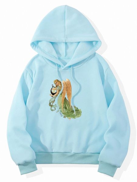 

angel print grommet drawstring thermal hoodie q41s#, White;black