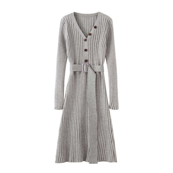 

perhaps u beige gray v neck long sleeve sash button knitted solid knee length sheath bodycon autumn winter dress elegant d1376 210529, Black;gray