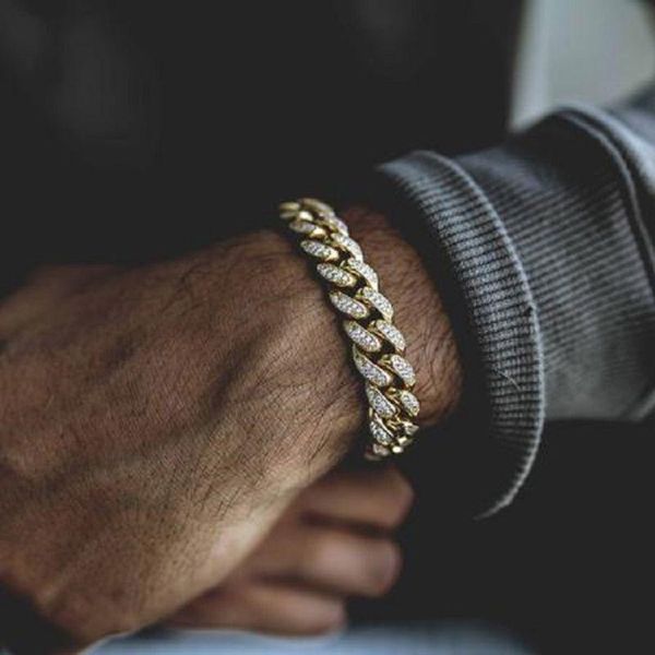 

link, chain luxury iced out cuban link bracelet for men gold silver color chunky wristband bangle male hip hop punk party jewelry gift, Black