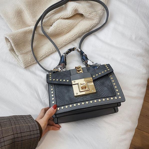 

factory wholesale women handbag scarves decorated womens shoulder bag elegant crocodile leather handbags personality rivet lock fashion bags, Black;red