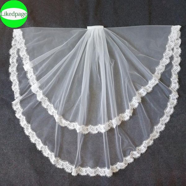 

bridal veils short wedding bride veil 2021 two layer voile mariage welon slubny lace edge velo de novia sposa weeding accessoire metal comb, Black
