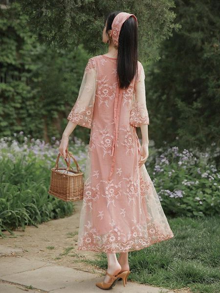 

casual dresses mori girl bohemian hippie boho vintage embroidered floral lace mesh chinese knot flare sleeve cotton women summer dress, Black;gray