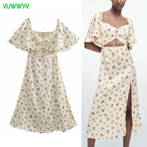 

vuwwyv white floral print woman dress summer elegant cut out waist party women wide short sleeve midi vestidos 210430, Black;gray