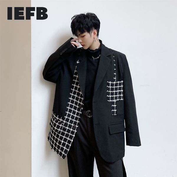 IEFB Oversize Oversize Black Patchwork Patchwork Suit Cappotto Men's Asimmetrico JanPanese Streetwear Fashion Blazer Giacca Autum 9Y347 210524