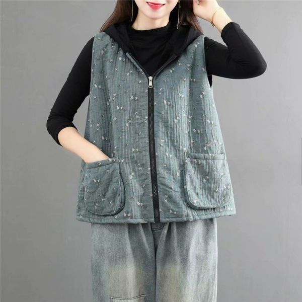 

2021 floral ethnic spring plus velvet short female jacket retro loose cotton and linen warm vest with hood y1425 htdp, Black;brown