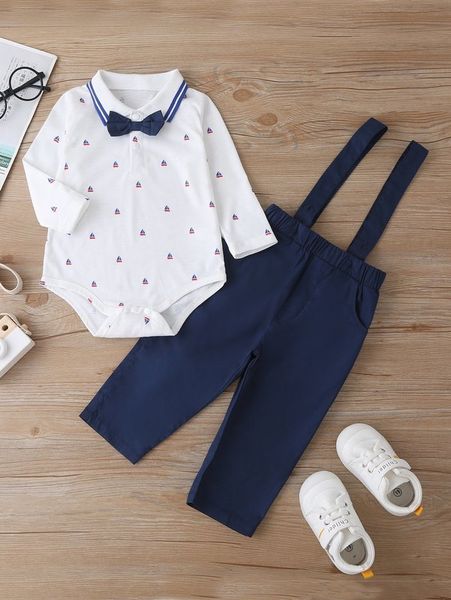 

baby boy graphic print bow detail bodysuit with pinafore pants she, White