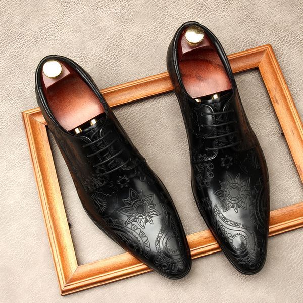 

new classic pointed toe man carving dress shoes genuine leather formal dress oxfords handmade heels wedding party mens flats, Black