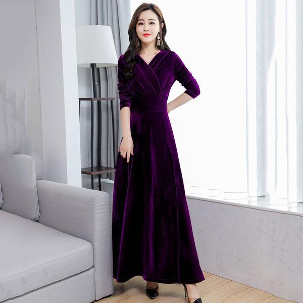 

casual dresses winter velvet long for women big size v neck elegant maxi solid party vestidos vintage femal dress robe, Black;gray
