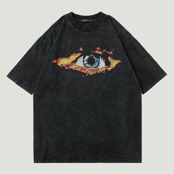 

men's t-shirts high street vintage distressed washed t-shirt mens eye printing hip hop harajuku cotton casual loose summer short sleeve, White;black