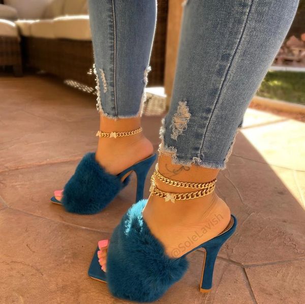 

big size 35-43 ladies high heel fur sandals 2021 summer fashion women slip on casual slippers sandalias mujer, Black