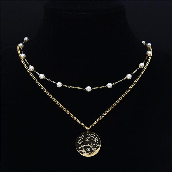 

pendant necklaces 2pcs 12 constellations stainless steel taurus necklace women gold color pearls astrology jewelry signe astrologique n9200s, Silver