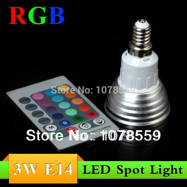 

wholesale 10pcs 3w rgb led spot lamp e14dimmable light 16 colour high tech + ir remote control spotlights