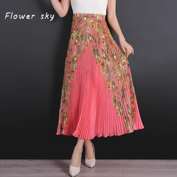 

skirts women's skirt spring summer pleated flower printed casual ankle length long elegant saia moda mujer, Black