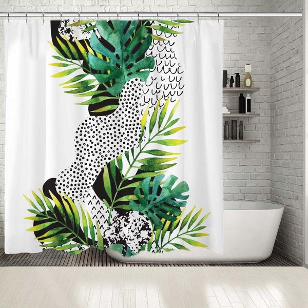 

shower curtains curtain tropical foliage palm monstera leaves and doodle patterns modern artwork green black