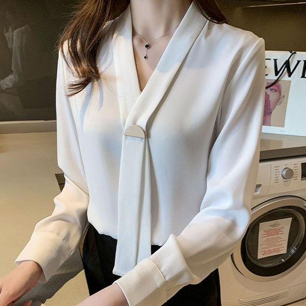 

women's blouses & shirts 2021 autumn korean basic shirt female black long sleeve solid color chiffon white for women simple 1277