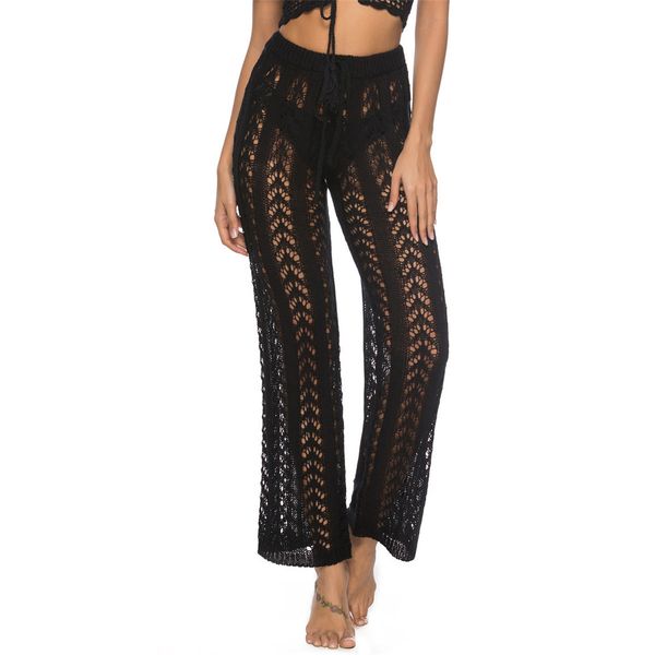 

women crochet knitted pants hollow out bandage elastic straight casual trouser holiday beach wide leg bikini cover up k2651