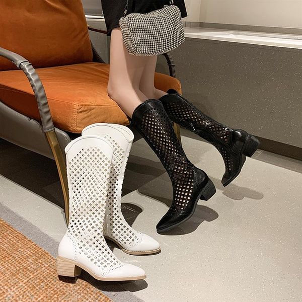 

boots zipper sandals summer women's shoes thigh high heels boots-women over-the-knee white ladies rock 2021, Black