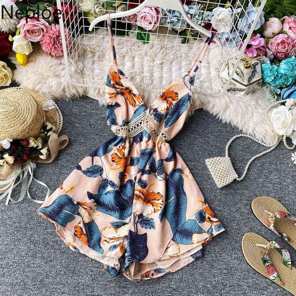 

neploe flower print hollow out jumpsuits women fashion v neck sleeveless ladies playsuit elegant slim waist beach bodysuit 1b725 210423, Black;white