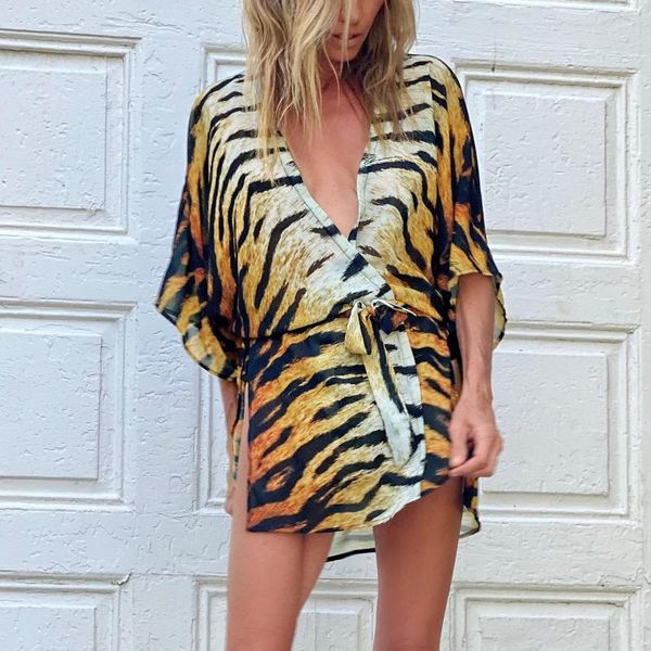 

women's swimwear bathing suit tunic beach cover up leisure holiday chiffon short leopard swimsuit blouse pareo dress, White;black