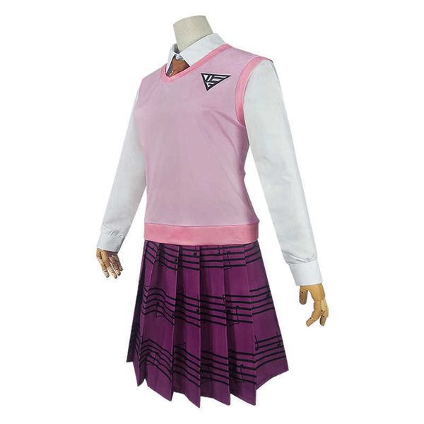 Neue Danganronpa V3 Cosplay Akamatsu Kaede Kostüm Damen Uniform Anime Shirt / Weste Rock Socken Perücken JK Schule Y0913