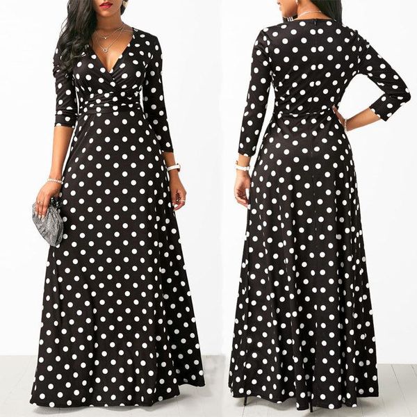 

casual dresses women long sleeve flared maxi dress polka dot v neck ladies evening party, Black;gray