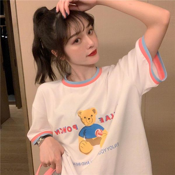 

women's t-shirt hong kong style short sleeve female 2021 summer korean bf student loose bear print half top, White