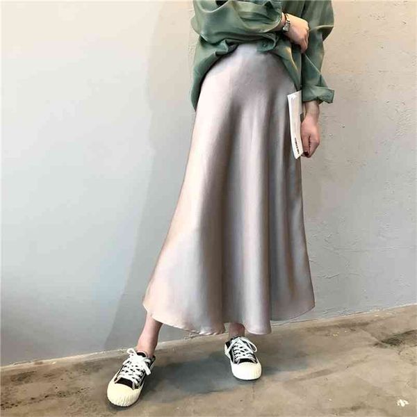 

women silk satin skirt spring autumn high waist retro long skirt chic style a-line elegant women's skirts elegant ladies 210721, Black
