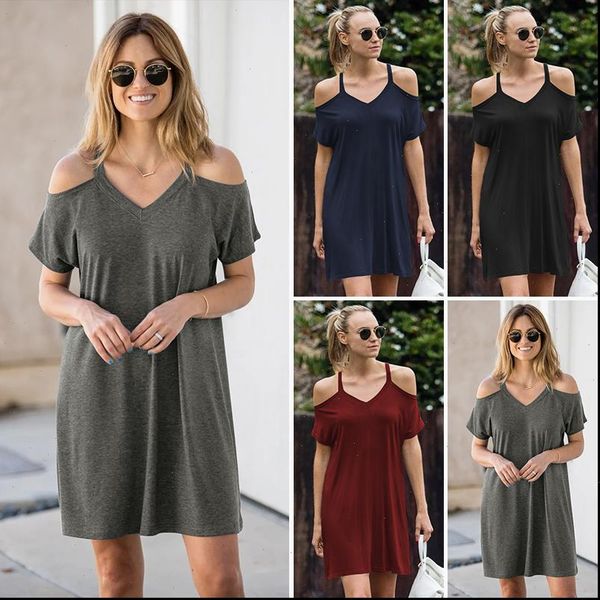 

casual women dress summer for fashion v neck short sleeve female sling loose solid cotton dresses, Black;gray