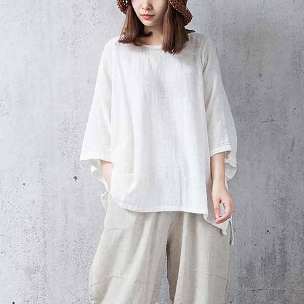 

women's blouses & shirts fashsiualy vintage casual women blouse loose 3/4 sleeve round neck solid color classical high street, White