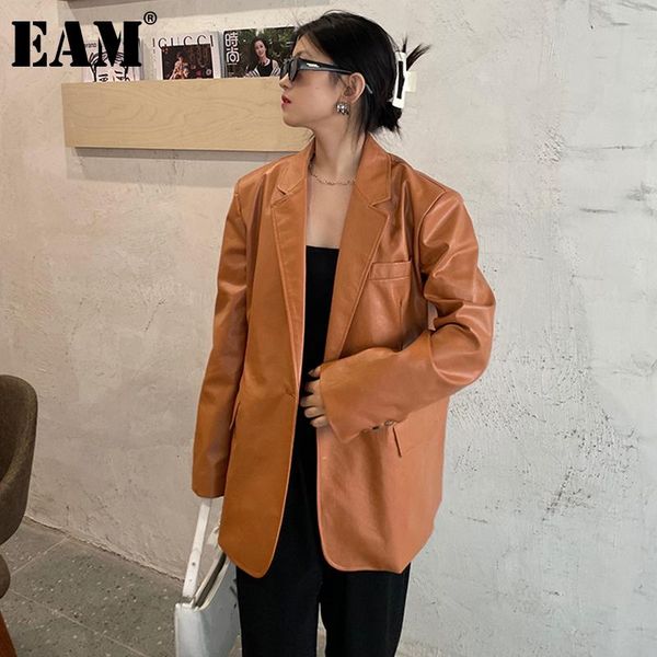 

women's jackets [eam] loose fit brown pu leather big size jacket lapel long sleeve women coat fashion tide spring autumn 2021 1de1435, Black;brown