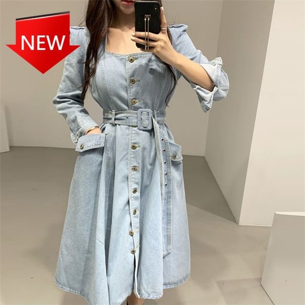 

single square-necked stripes breasted pockets dress female denim spring dresses mid-autumn calf, Black;gray