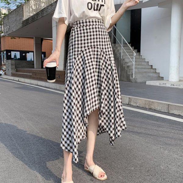 

skirts womens vintage pleated elastic waist high plaid skirt women summer casual female asymmetrical midi streetwear, Black