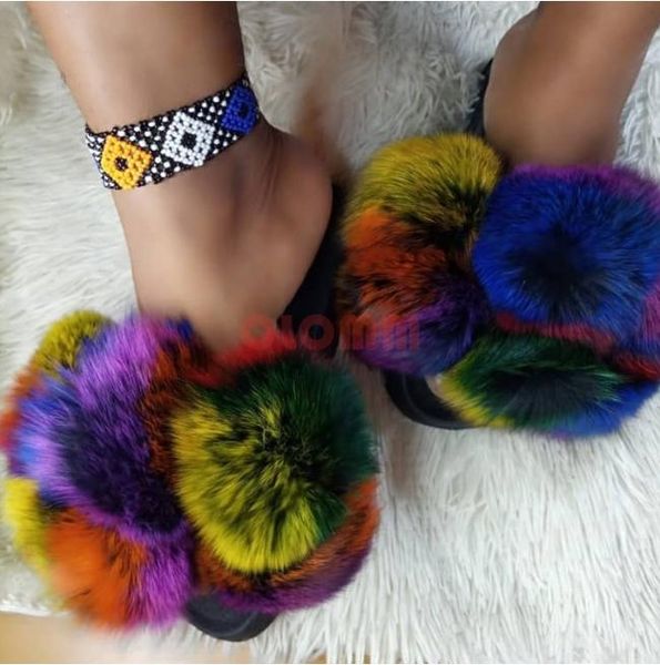 

fluffy raccoon fur slippers shoes women flip flop flat furry slides outdoor sandals woman amazing drop ship, Black
