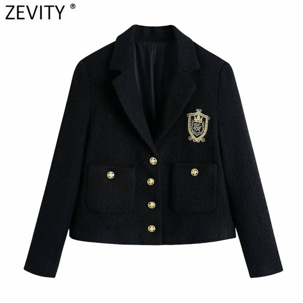 Zevity Frauen England Stil Abzeichen Patch Breasted Woll Blazer Mantel Vintage Langarm Taschen Weibliche Oberbekleidung Chic Tops CT663 211019