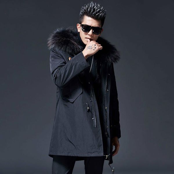 

men's leather & faux real fur coat men wiinter jacket parka hombre racoon liner plus size long manteau homme hiver mc18c035 kj1205, Black