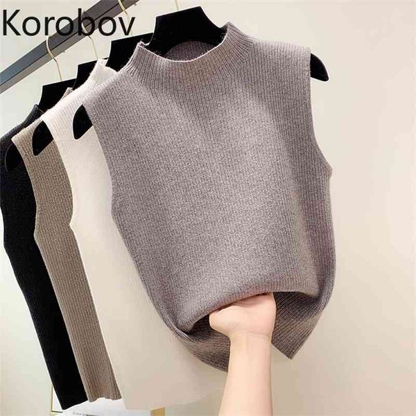 

korobov summer new sleeveless knitted women tank korean stand collar camis femininas female crop 79642 210430, White