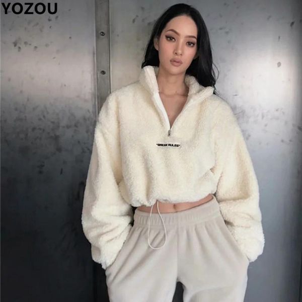 

women's hoodies & sweatshirts women autumn winter warm solid loose black white gray fake lambswool zip-up collar short sweatshirt for f
