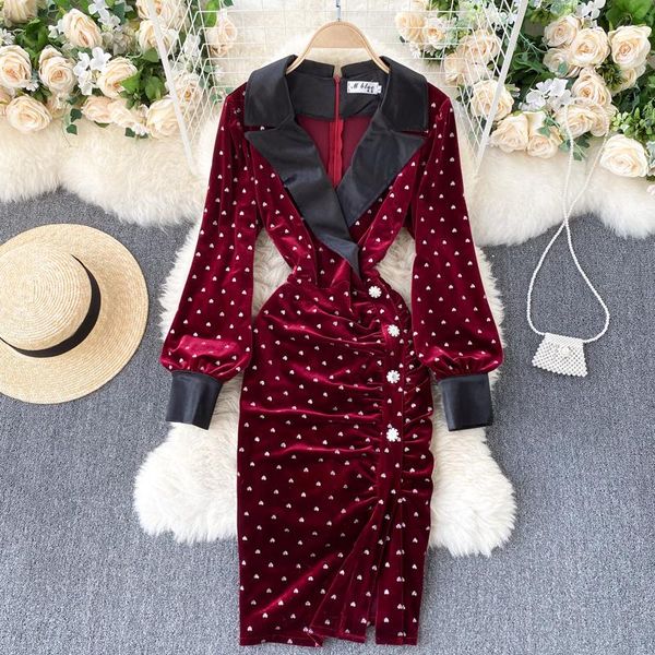 

casual dresses vintage notched collar women black/red velvet bodycon party dress female elegant long sleeve high waist vestidos fashion, Black;gray