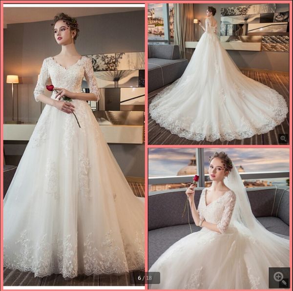 

latest style white tulle ball gown wedding dresses lace appliques beaded v neck half sleeve modest bridal gowns princess puffy court train v
