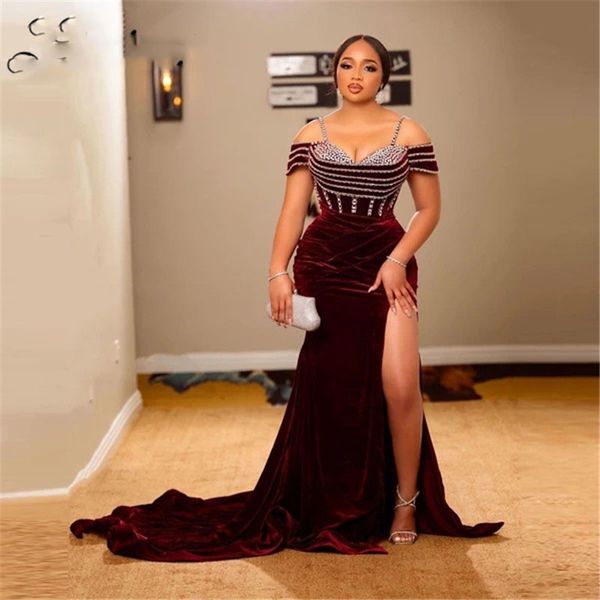 

velvet high slit aso ebi long prom dresses women south africa party gowns beaded 2021 mermaid customized evening, Black;red