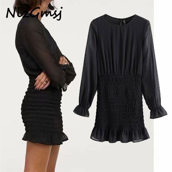 

dres ruffled elastic mini long sleeve o neck casual elegant woman chic back opening smock vestidos 210628, Black;gray