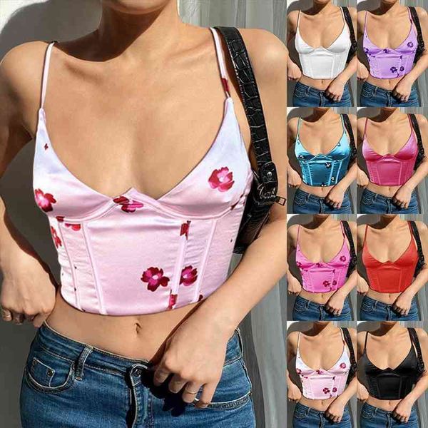 

v neck satin corset with straps summer floral print clothes blue sleeveless club women crop dropship, White