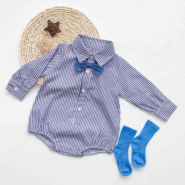 

autumn winter born infant baby boys stripe bowknot rompers clothing kids boy long sleeve clothes 210429, Blue