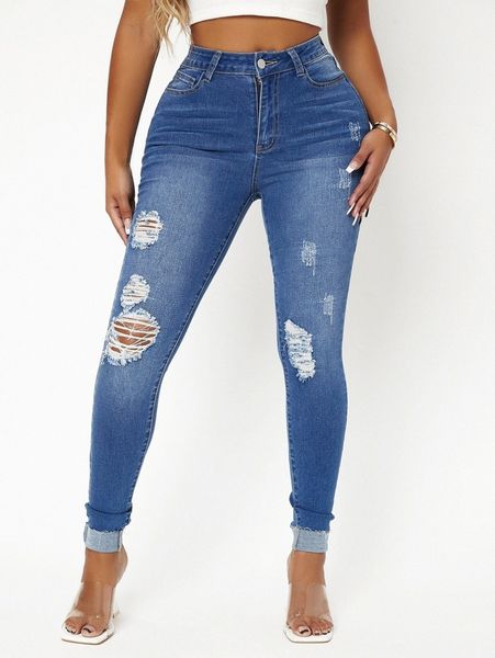 

sxy zipper fly ripped cuffed hem skinny jeans 73gr#, Blue