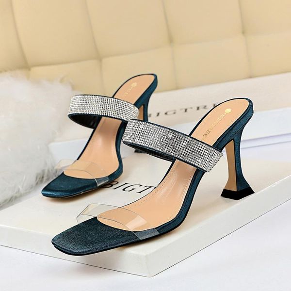 

slippers sandals with thick high heels transparent hollowed out open toe square head diamond goddess, Black
