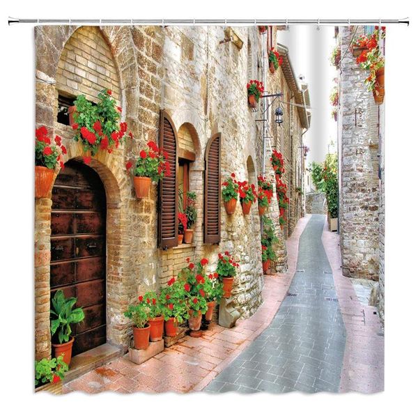

italian stall shower curtain decor porch colorful flowers old street in town italy tuscan rock sunny fabric bath curtains