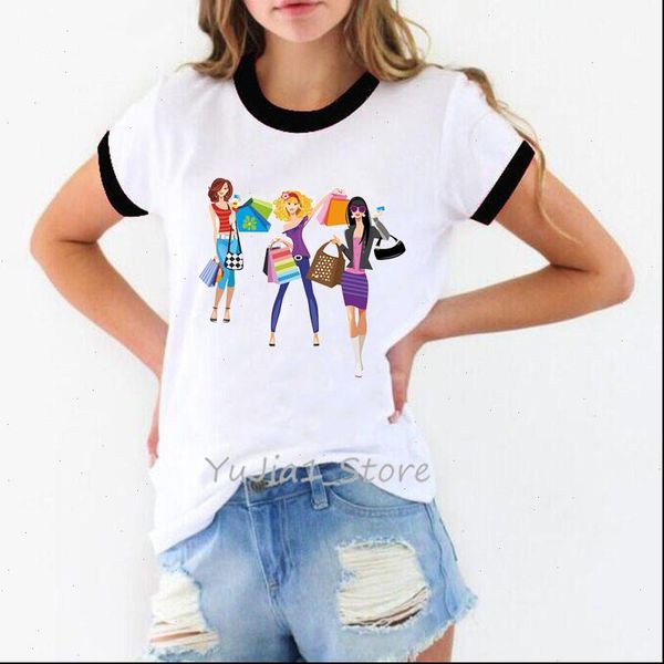 

colorful womens t shirts shopping ladies in paris print tee shirt femme kawaii clothes female friends tshirt 90s hipster, White