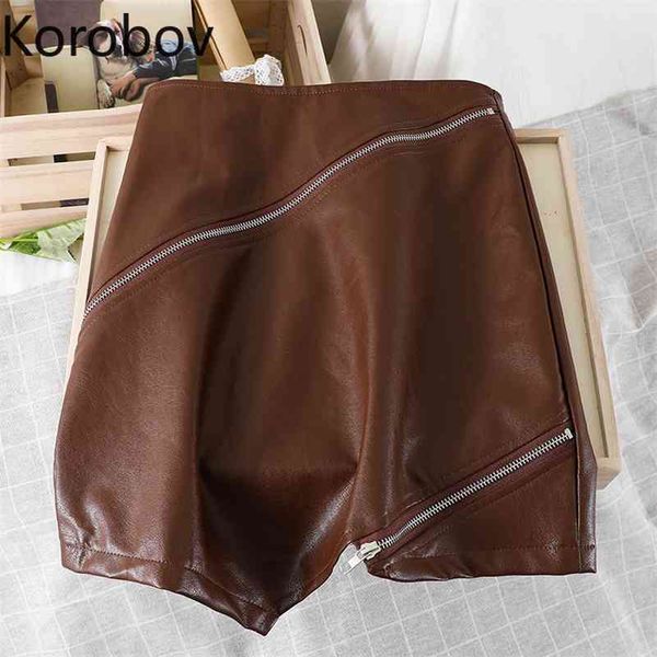 

korobov autumn winter streetwear pu skirts korean high waist zipper high waist a-line faldas mujer harajuku mini skirt female 210430, Black