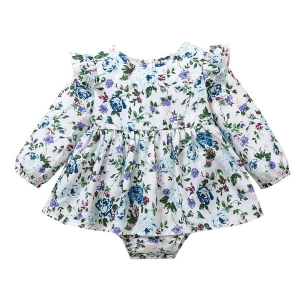 

rompers 2021 lovely baby girls casual romper blue floral printed pattern long sleeves round collar bodysuits 0-24m